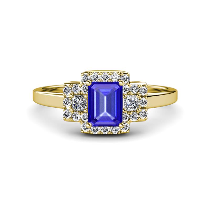 Jessica Rainbow Emerald Cut Tanzanite with Round and Princess Cut Diamond Engagement Ring 