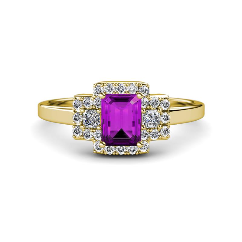 Jessica Rainbow Emerald Cut Amethyst with Round and Princess Cut Diamond Engagement Ring 