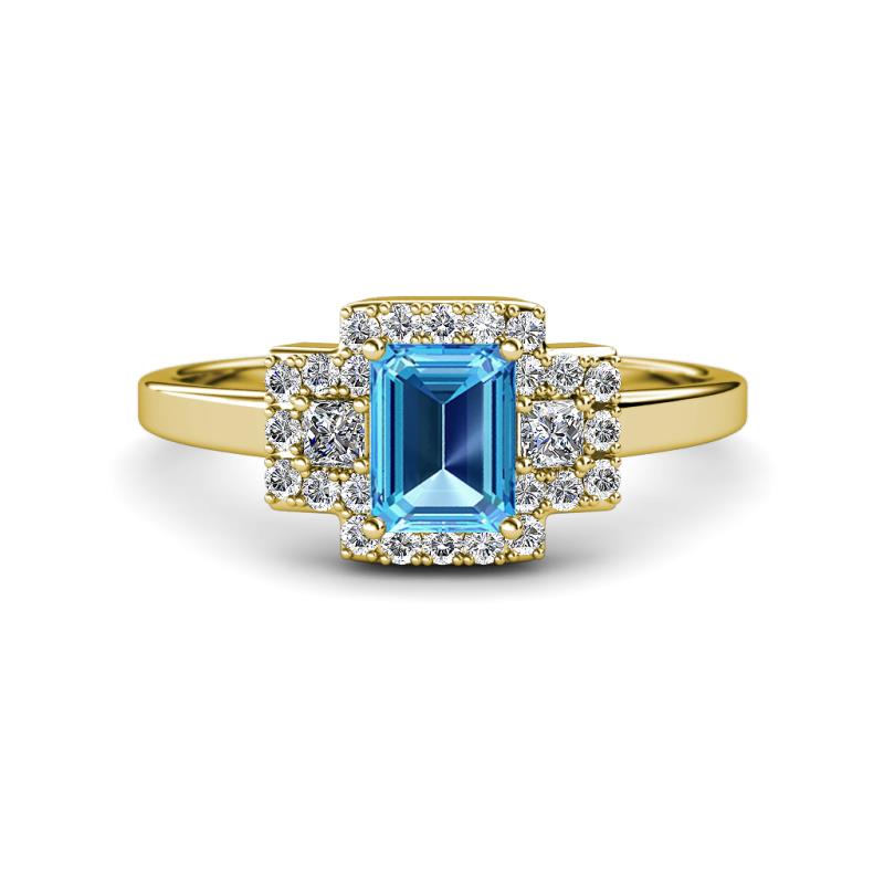 Jessica Rainbow Emerald Cut Blue Topaz with Round and Princess Cut Diamond Engagement Ring 