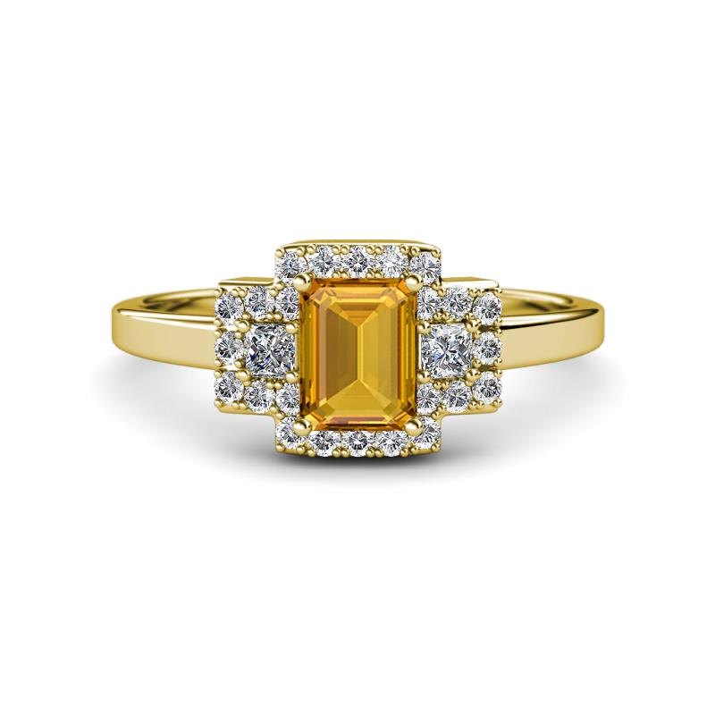 Jessica Rainbow Emerald Cut Citrine with Round and Princess Cut Diamond Engagement Ring 