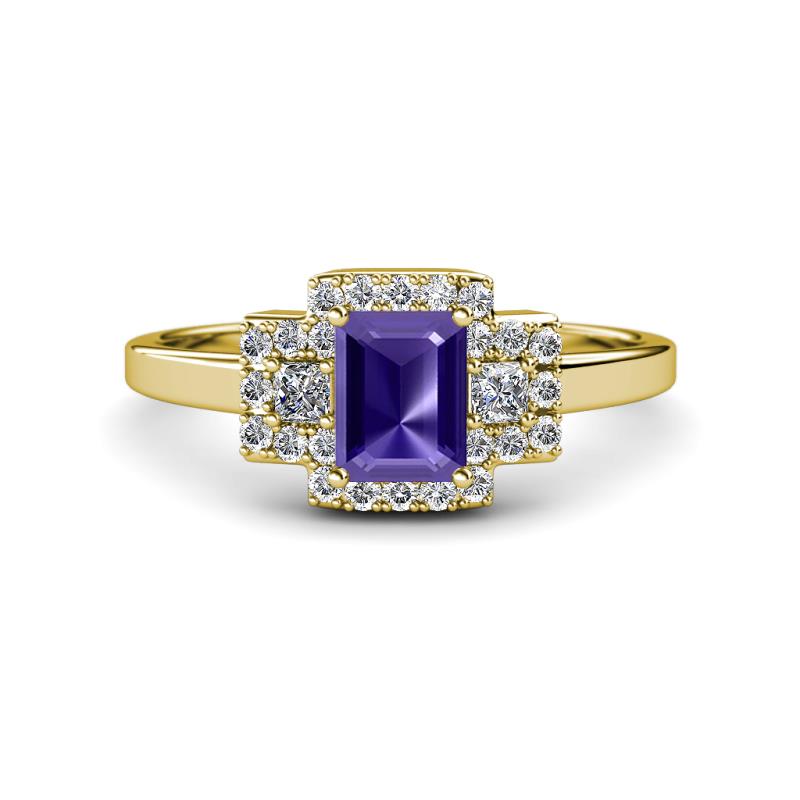 Jessica Rainbow Emerald Cut Iolite with Round and Princess Cut Diamond Engagement Ring 