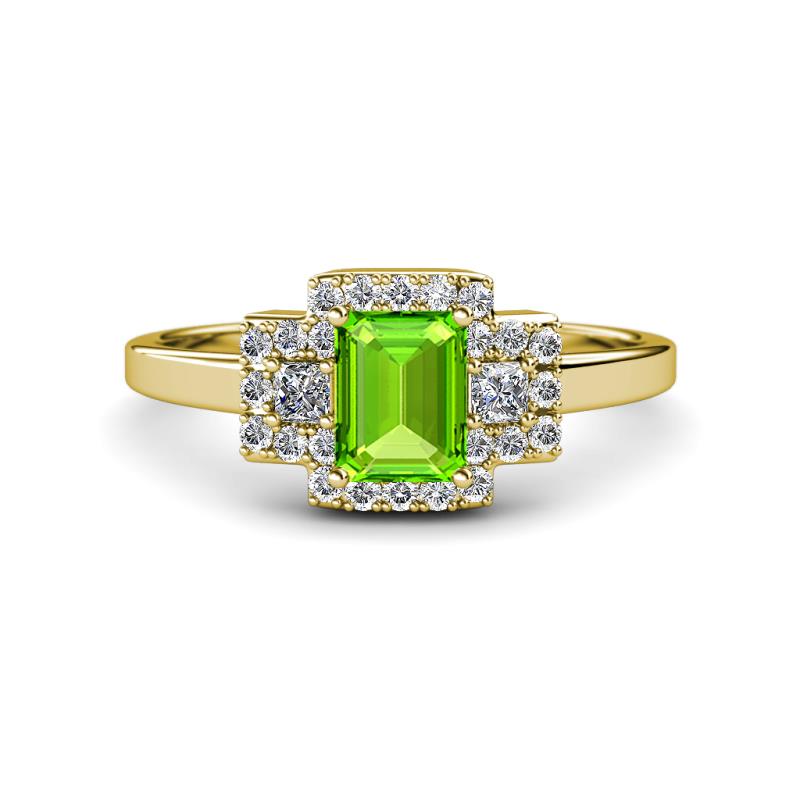 Jessica Rainbow Emerald Cut Peridot with Round and Princess Cut Diamond Engagement Ring 