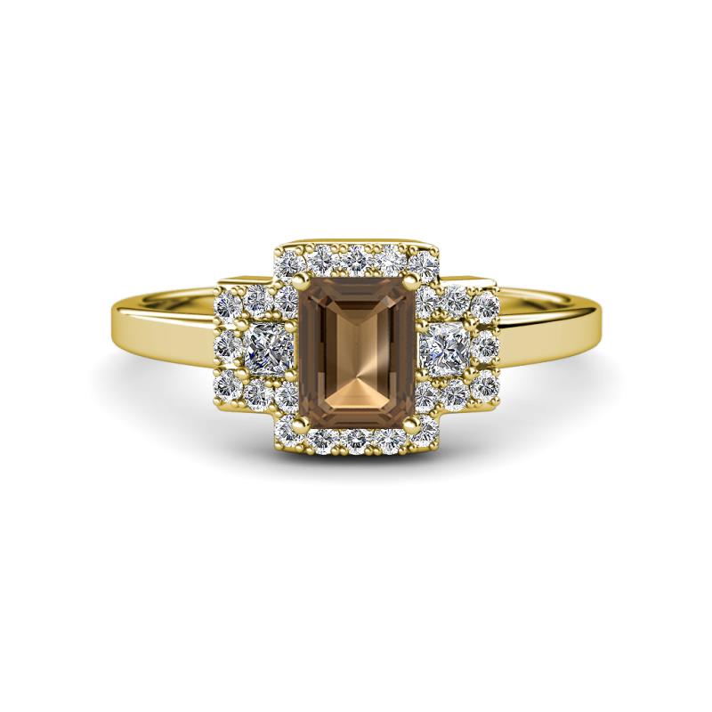 Jessica Rainbow Emerald Cut Smoky Quartz with Round and Princess Cut Diamond Engagement Ring 