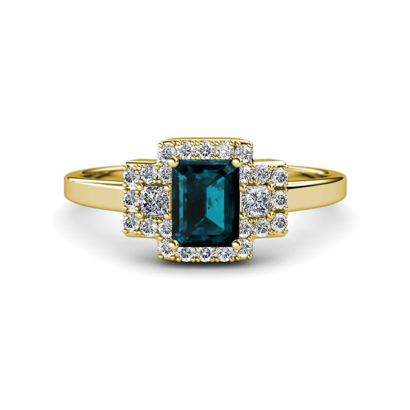 Jessica Rainbow Emerald Cut London Blue Topaz with Round and Princess Cut Diamond Engagement Ring 