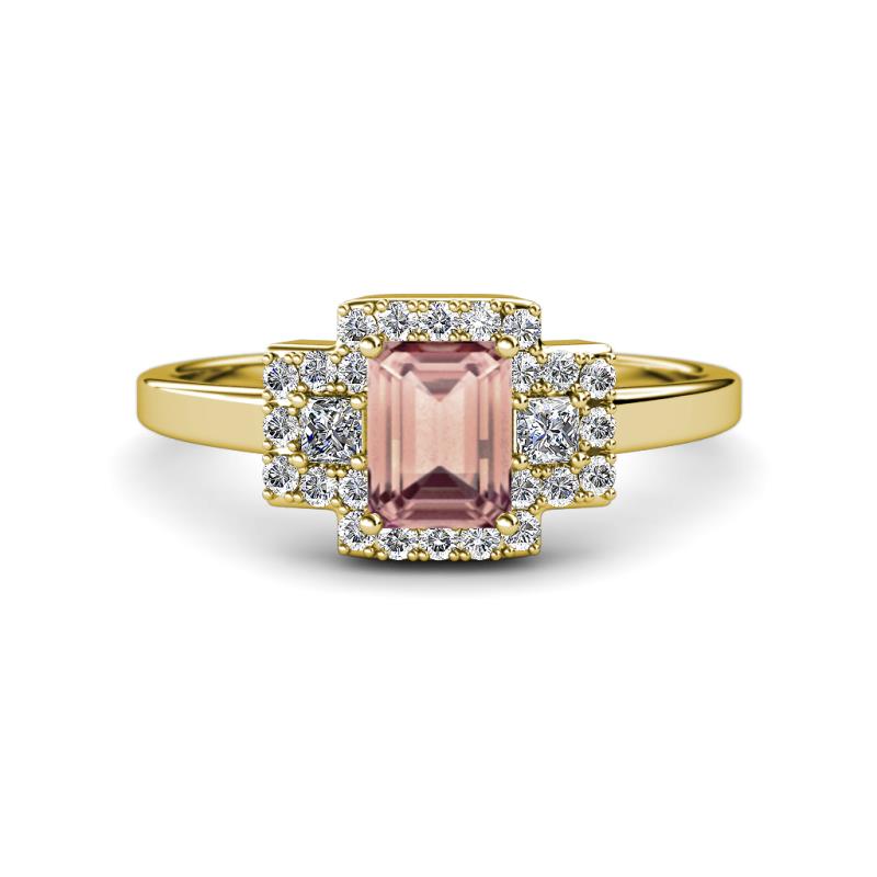 Jessica Rainbow Emerald Cut Morganite with Round and Princess Cut Diamond Engagement Ring 