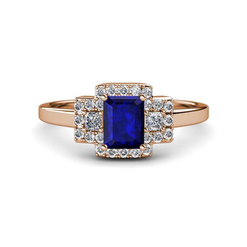Jessica Rainbow Emerald Cut Lab Created Blue Sapphire with Round and Princess Cut Diamond Engagement Ring 