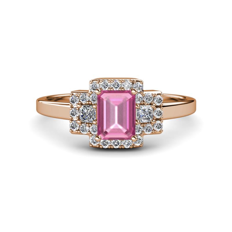 Jessica Rainbow Emerald Cut Lab Created Pink Sapphire with Round and Princess Cut Diamond Engagement Ring 