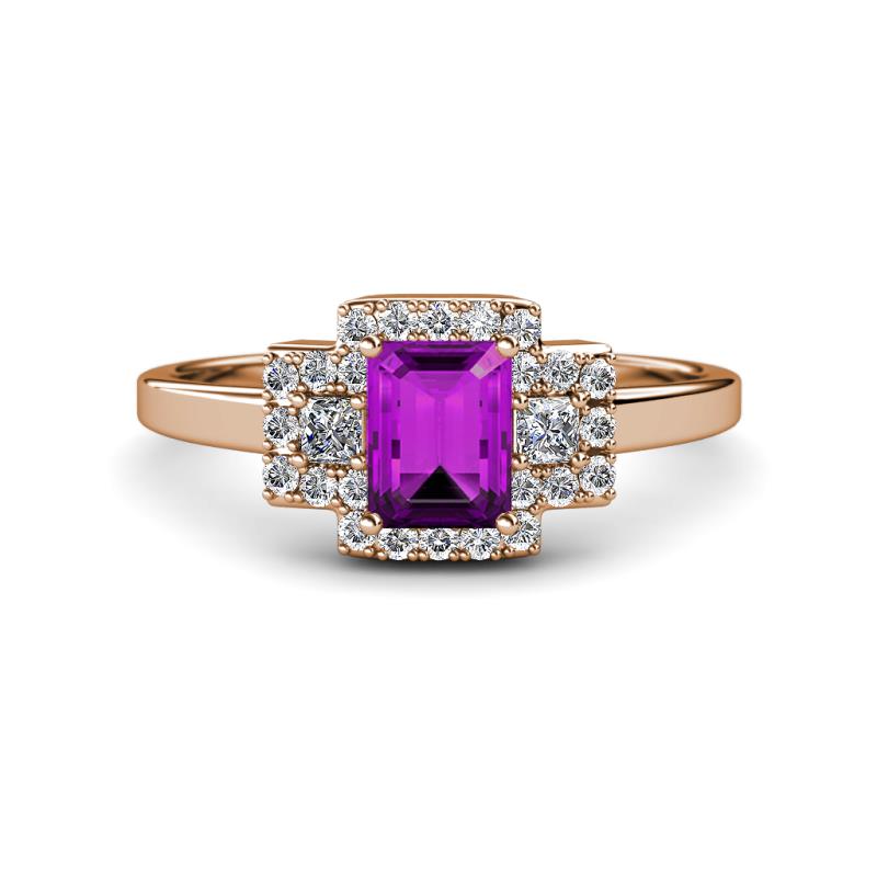 Jessica Rainbow Emerald Cut Amethyst with Round and Princess Cut Diamond Engagement Ring 