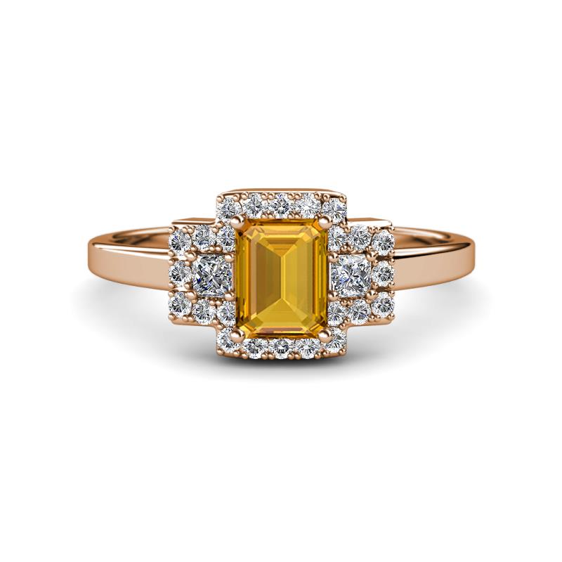 Jessica Rainbow Emerald Cut Citrine with Round and Princess Cut Diamond Engagement Ring 
