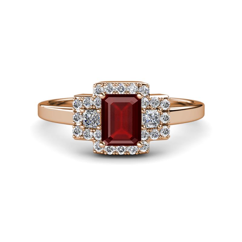 Jessica Rainbow Emerald Cut Red Garnet with Round and Princess Cut Diamond Engagement Ring 