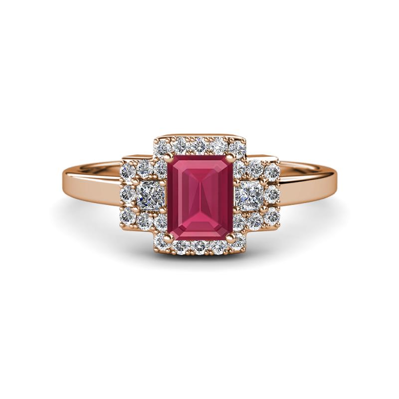 Jessica Rainbow Emerald Cut Rhodolite Garnet with Round and Princess Cut Diamond Engagement Ring 