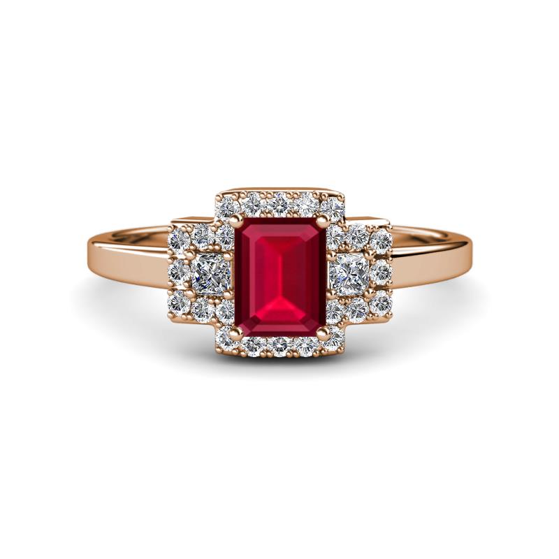 Jessica Rainbow Emerald Cut Lab Created Ruby with Round and Princess Cut Diamond Engagement Ring 