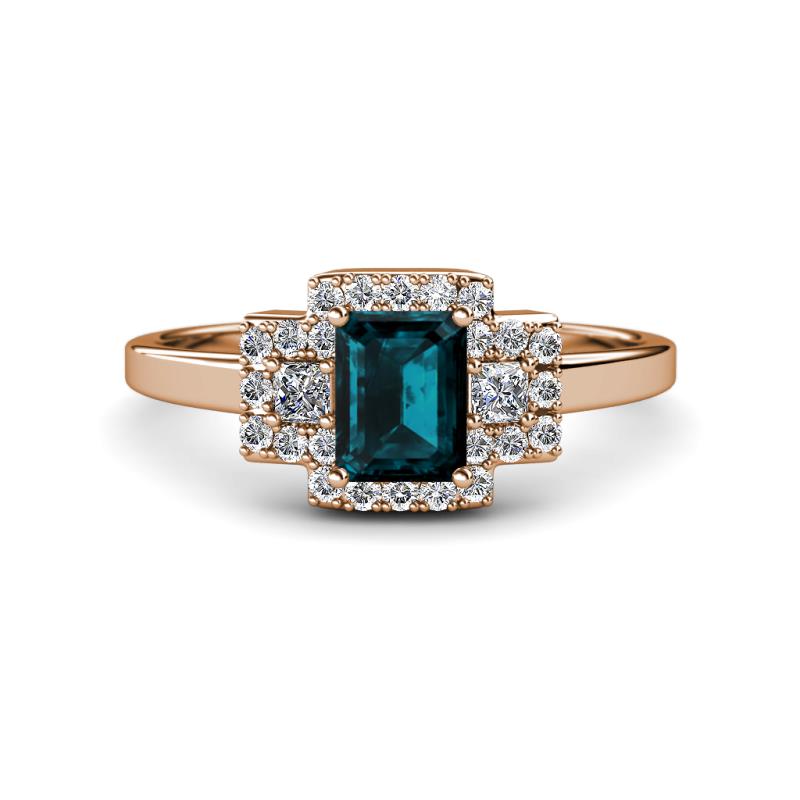 Jessica Rainbow Emerald Cut London Blue Topaz with Round and Princess Cut Diamond Engagement Ring 