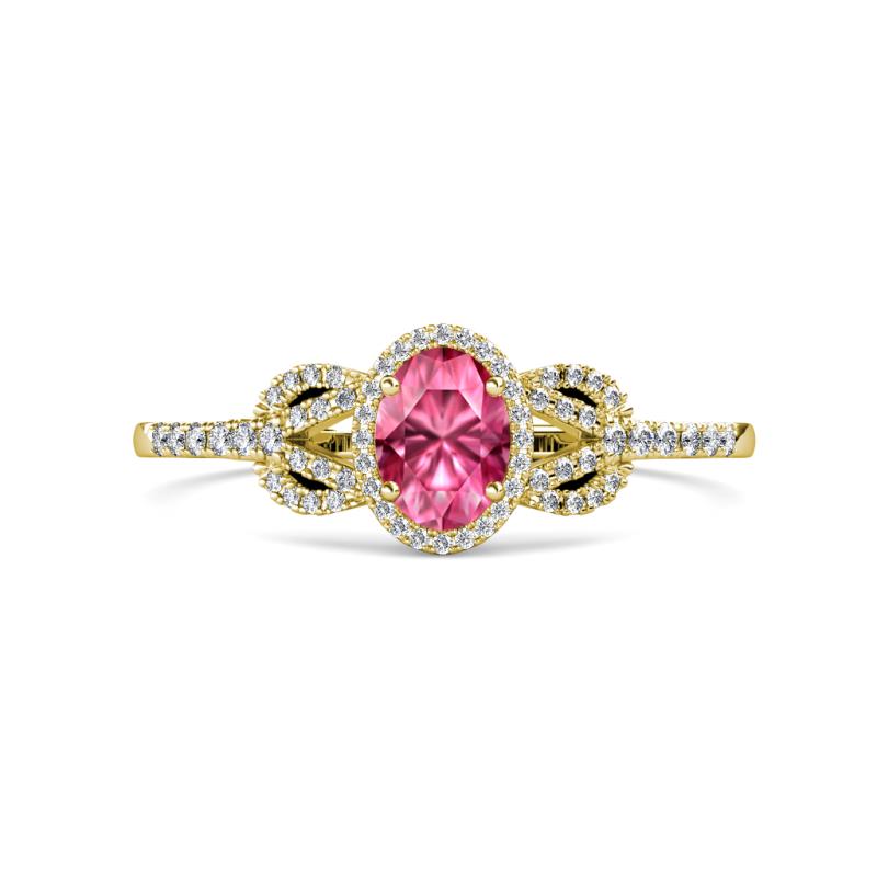 Jennifer Rainbow Oval Cut Pink Tourmaline and Round Diamond Love Knot Halo Engagement Ring 