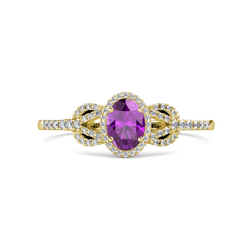Jennifer Rainbow Oval Cut Amethyst and Round Diamond Love Knot Halo Engagement Ring 