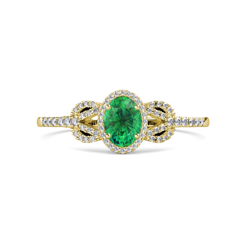 Jennifer Rainbow Oval Cut Emerald and Round Diamond Love Knot Halo Engagement Ring 