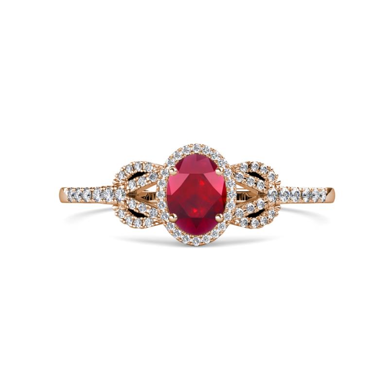 Jennifer Rainbow Oval Cut Ruby and Round Diamond Love Knot Halo Engagement Ring 