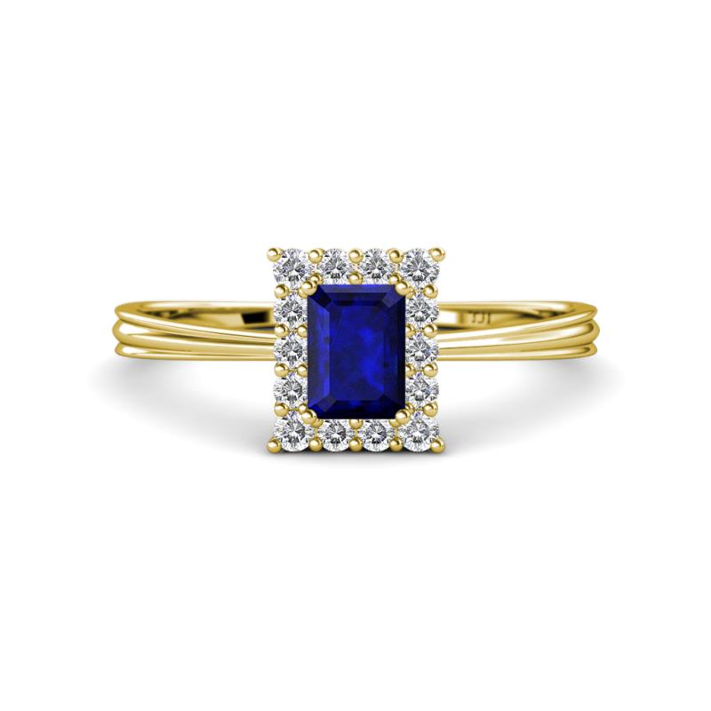 Margaret Rainbow Emerald Cut Blue Sapphire and Round Diamond Tapered Ridged Shank Halo Engagement Ring 