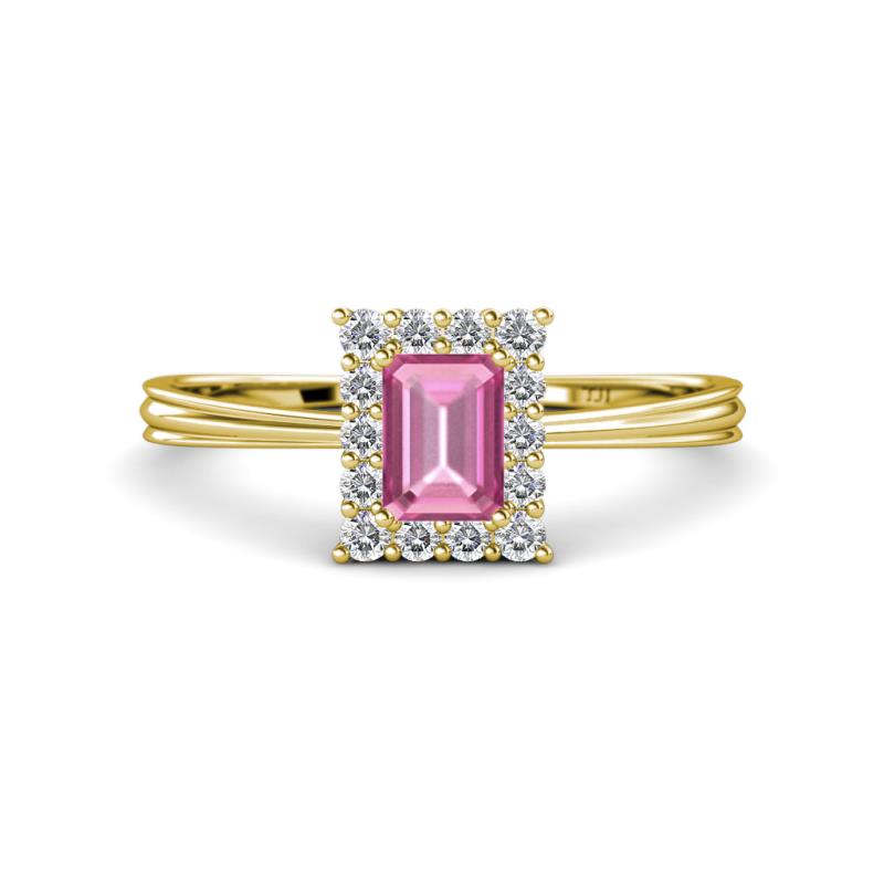 Margaret Rainbow Emerald Cut Pink Sapphire and Round Diamond Tapered Ridged Shank Halo Engagement Ring 