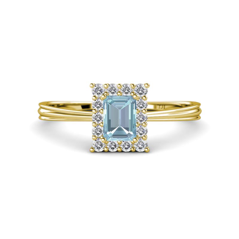 Margaret Rainbow Emerald Cut Aquamarine and Round Diamond Tapered Ridged Shank Halo Engagement Ring 