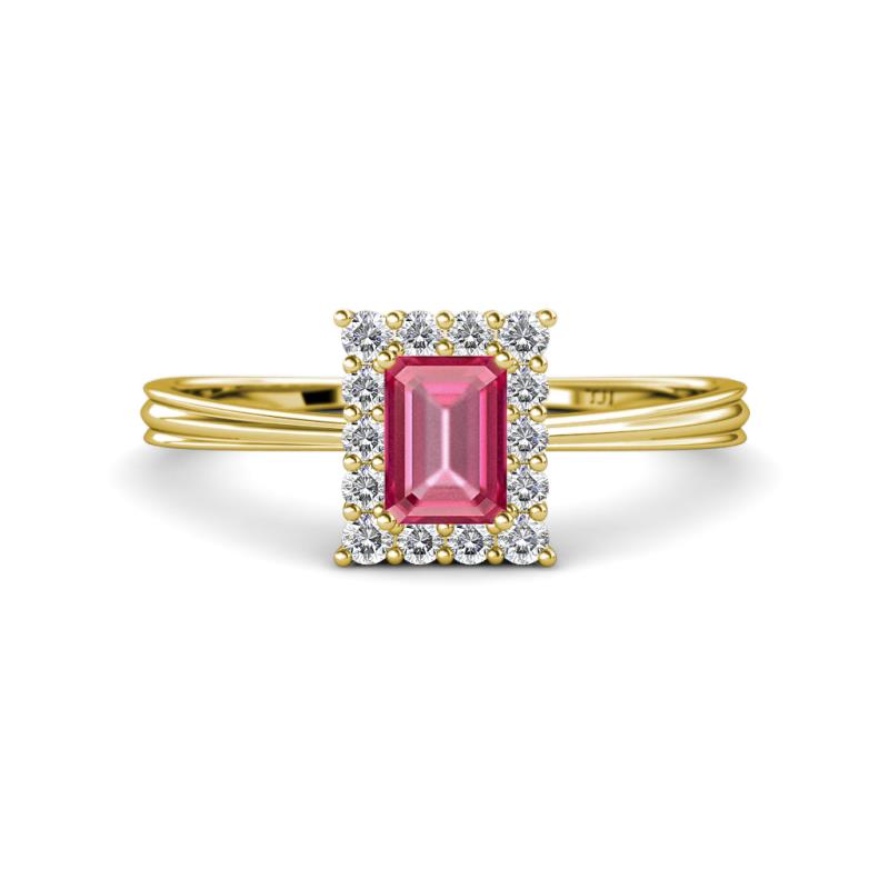 Margaret Rainbow Emerald Cut Pink Tourmaline and Round Diamond Tapered Ridged Shank Halo Engagement Ring 