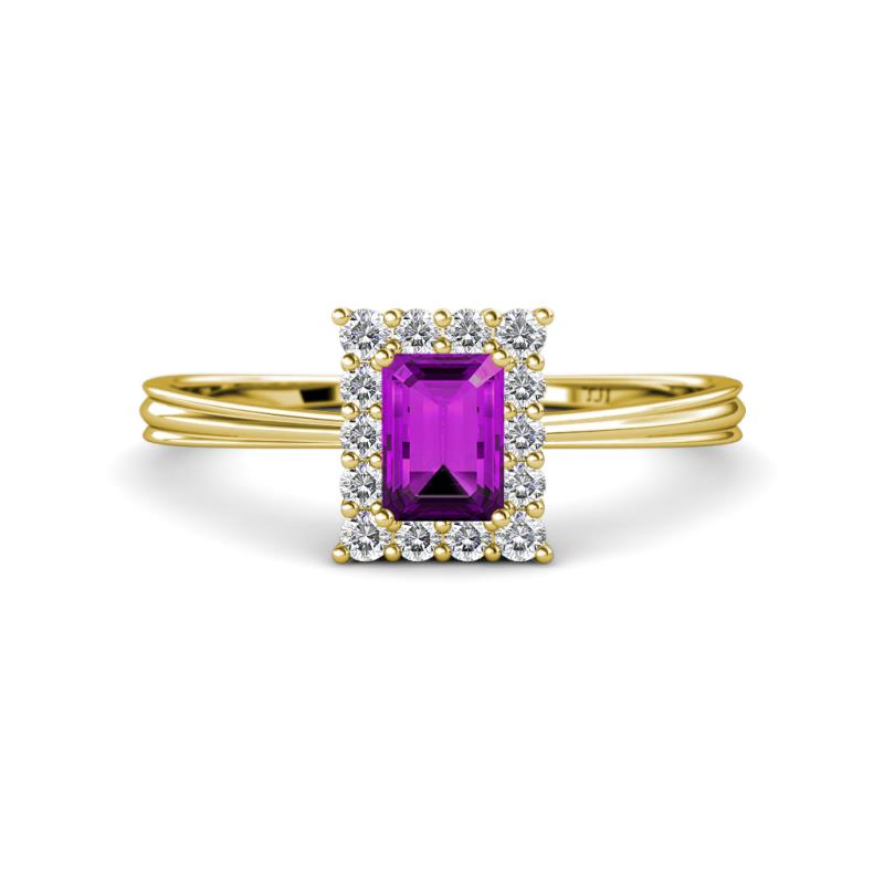 Margaret Rainbow Emerald Cut Amethyst and Round Diamond Tapered Ridged Shank Halo Engagement Ring 