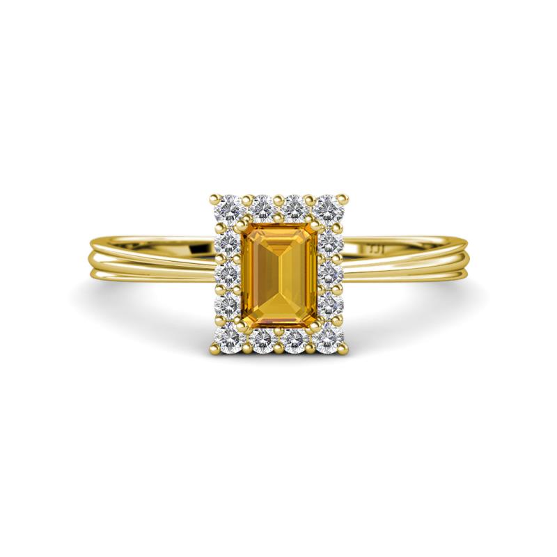 Margaret Rainbow Emerald Cut Citrine and Round Diamond Tapered Ridged Shank Halo Engagement Ring 