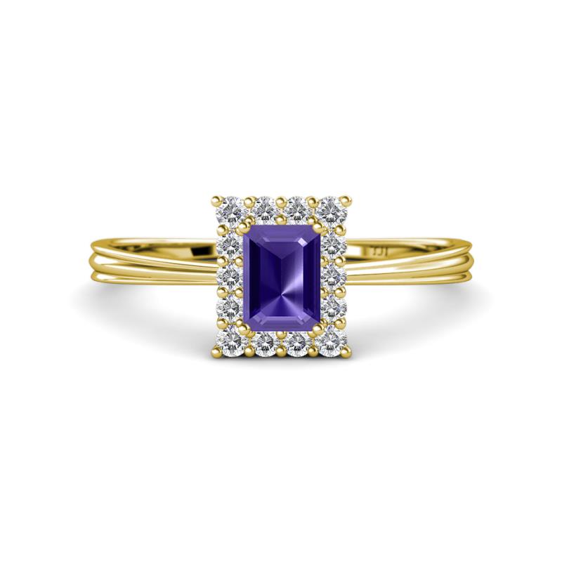 Margaret Rainbow Emerald Cut Iolite and Round Diamond Tapered Ridged Shank Halo Engagement Ring 