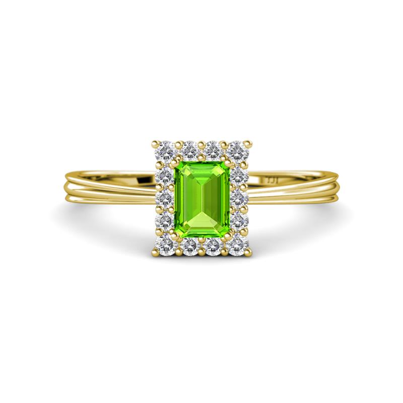 Margaret Rainbow Emerald Cut Peridot and Round Diamond Tapered Ridged Shank Halo Engagement Ring 