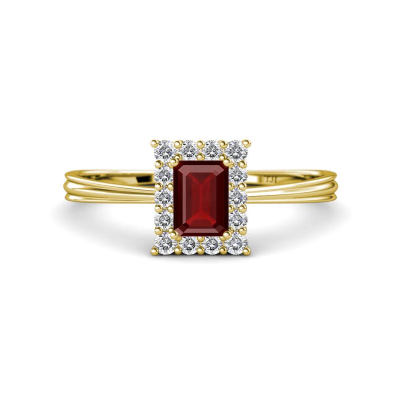 Margaret Rainbow Emerald Cut Red Garnet and Round Diamond Tapered Ridged Shank Halo Engagement Ring 