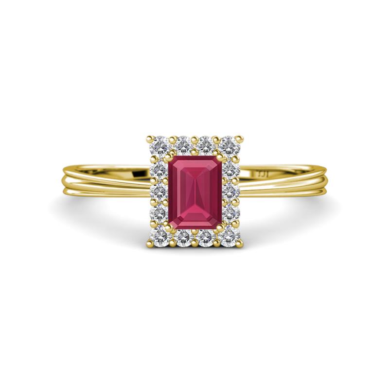 Margaret Rainbow Emerald Cut Rhodolite Garnet and Round Diamond Tapered Ridged Shank Halo Engagement Ring 