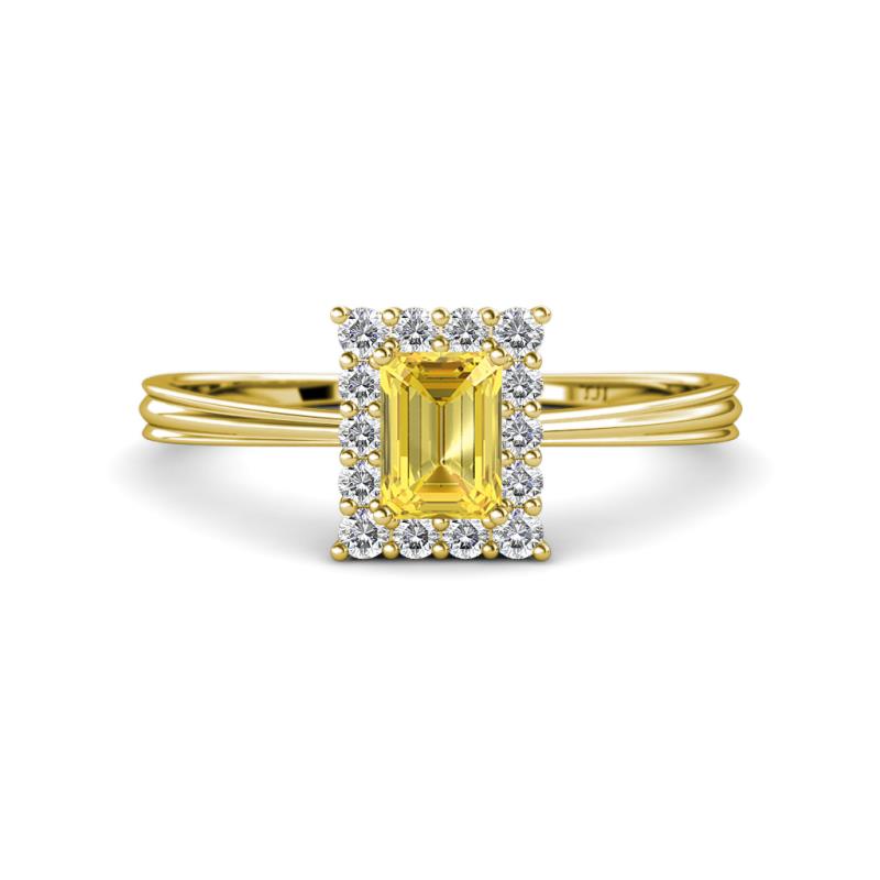 Margaret Rainbow Emerald Cut Yellow Sapphire and Round Diamond Tapered Ridged Shank Halo Engagement Ring 