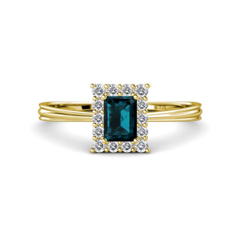 Margaret Rainbow Emerald Cut London Blue Topaz and Round Diamond Tapered Ridged Shank Halo Engagement Ring 