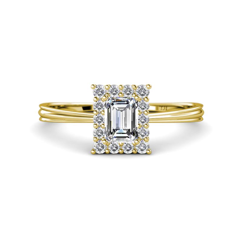Margaret Rainbow Emerald Cut and Round Diamond Tapered Ridged Shank Halo Engagement Ring 