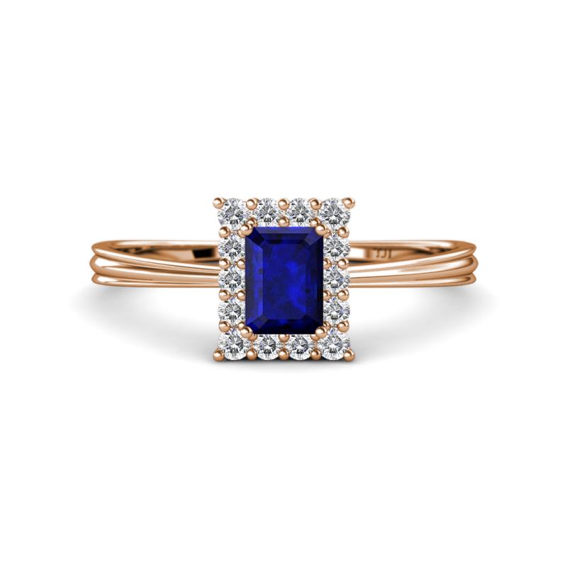 Margaret Rainbow Emerald Cut Blue Sapphire and Round Diamond Tapered Ridged Shank Halo Engagement Ring 