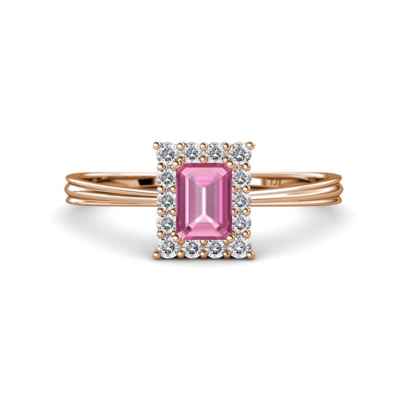 Margaret Rainbow Emerald Cut Pink Sapphire and Round Diamond Tapered Ridged Shank Halo Engagement Ring 