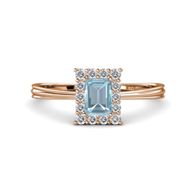 Margaret Rainbow Emerald Cut Aquamarine and Round Diamond Tapered Ridged Shank Halo Engagement Ring 