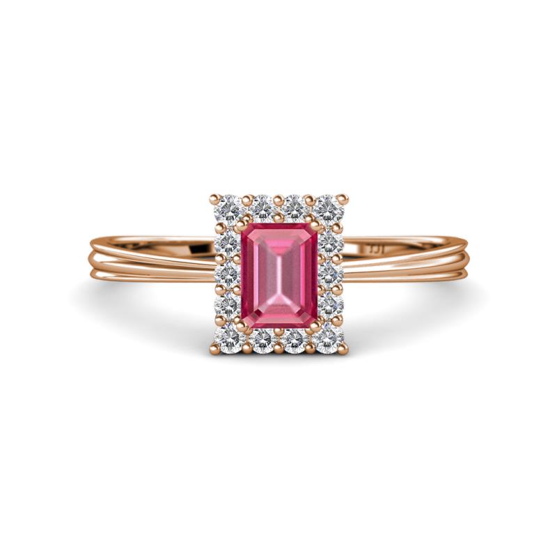Margaret Rainbow Emerald Cut Pink Tourmaline and Round Diamond Tapered Ridged Shank Halo Engagement Ring 