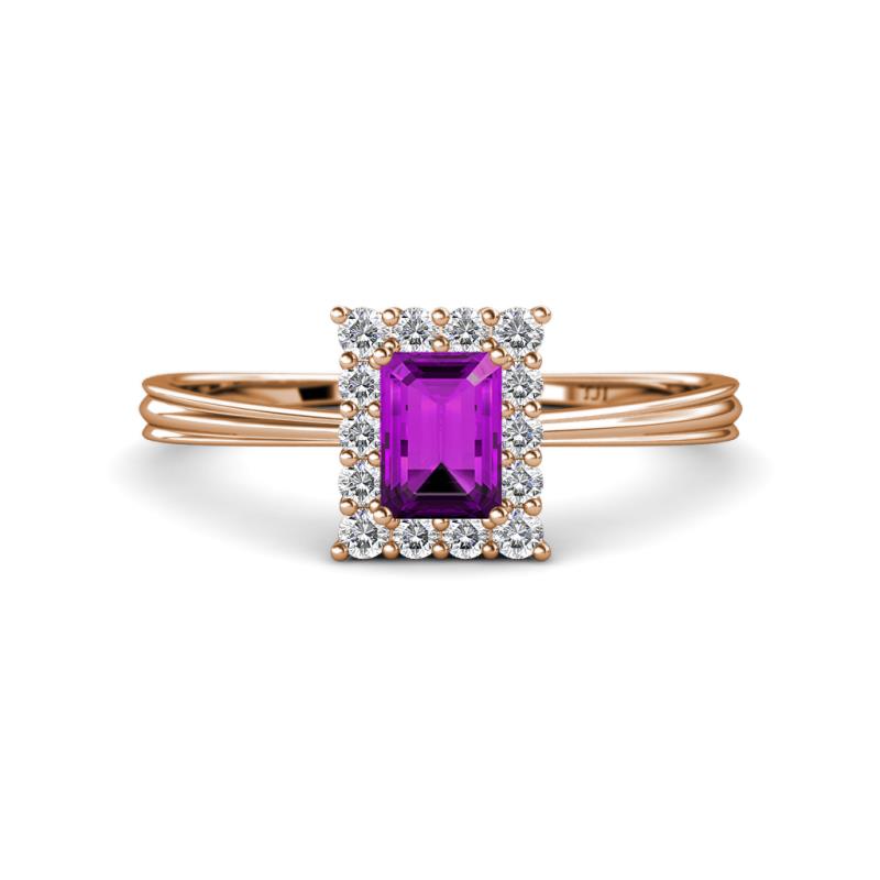 Margaret Rainbow Emerald Cut Amethyst and Round Diamond Tapered Ridged Shank Halo Engagement Ring 