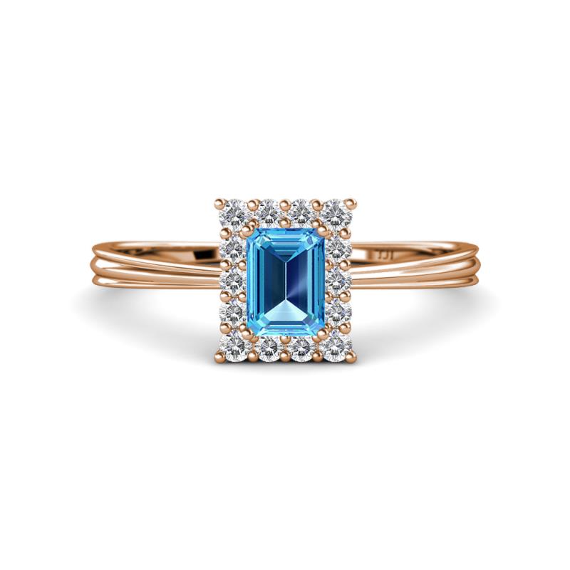 Margaret Rainbow Emerald Cut Blue Topaz and Round Diamond Tapered Ridged Shank Halo Engagement Ring 