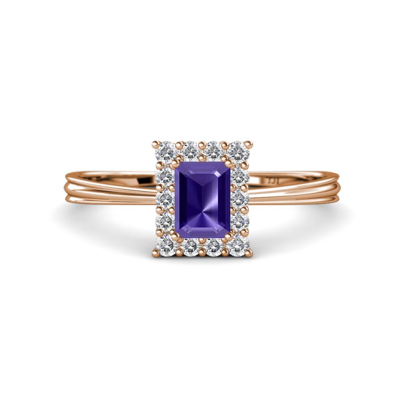 Margaret Rainbow Emerald Cut Iolite and Round Diamond Tapered Ridged Shank Halo Engagement Ring 