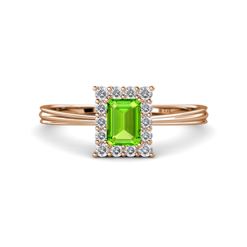 Margaret Rainbow Emerald Cut Peridot and Round Diamond Tapered Ridged Shank Halo Engagement Ring 