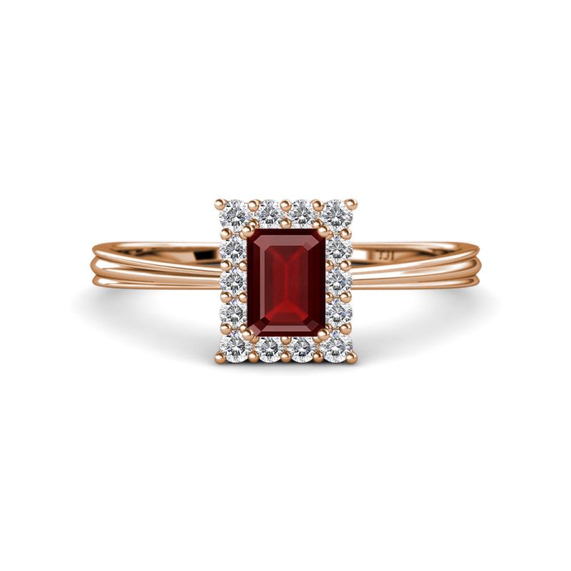 Margaret Rainbow Emerald Cut Red Garnet and Round Diamond Tapered Ridged Shank Halo Engagement Ring 