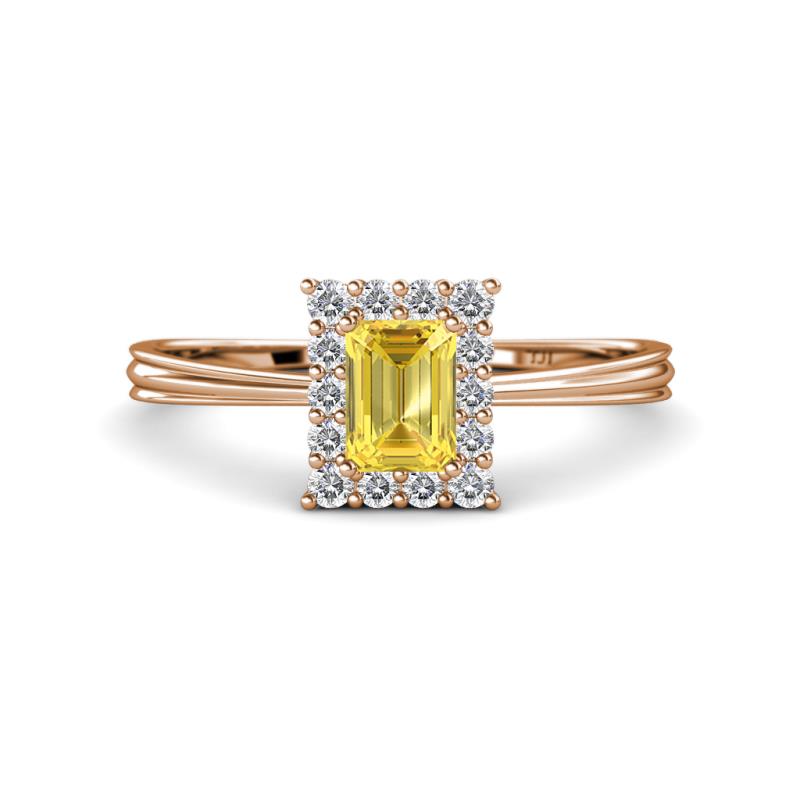 Margaret Rainbow Emerald Cut Yellow Sapphire and Round Diamond Tapered Ridged Shank Halo Engagement Ring 