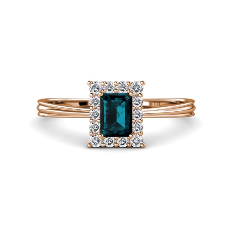 Margaret Rainbow Emerald Cut London Blue Topaz and Round Diamond Tapered Ridged Shank Halo Engagement Ring 