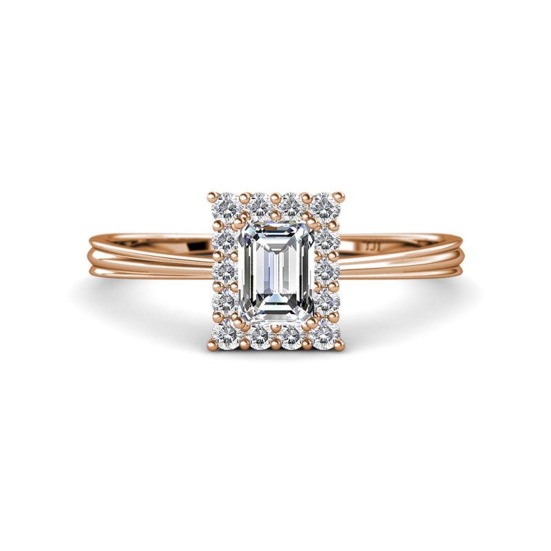 Margaret Rainbow Emerald Cut and Round Diamond Tapered Ridged Shank Halo Engagement Ring 