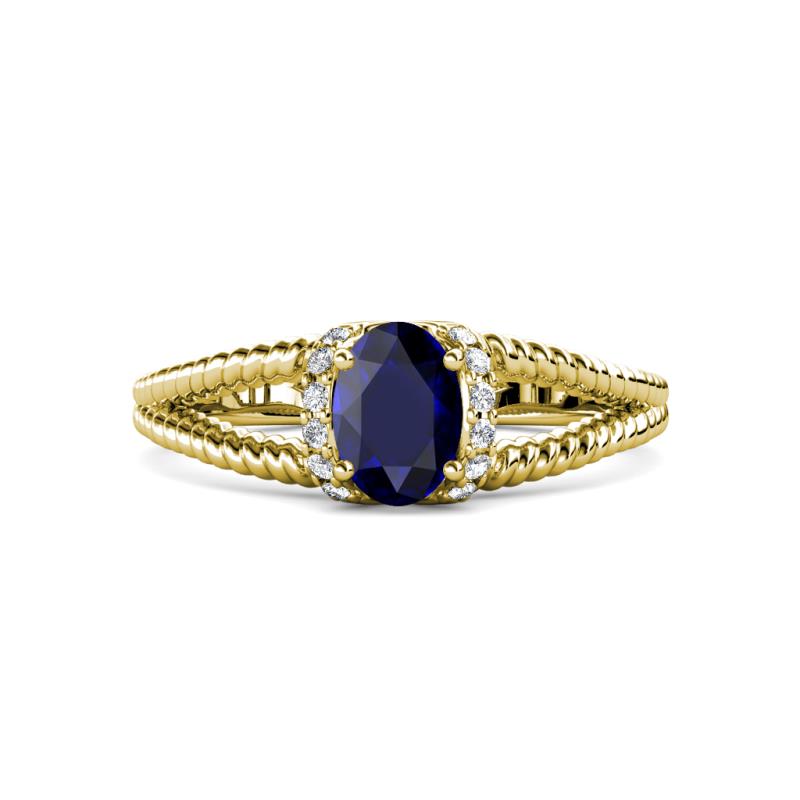 Ana Desire Oval Cut Blue Sapphire and Round Diamond Twist Rope Split Shank Engagement Ring 