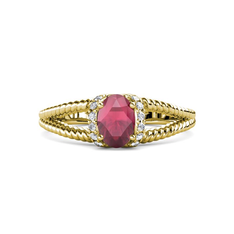 Ana Desire Oval Cut Rhodolite Garnet and Round Diamond Twist Rope Split Shank Engagement Ring 