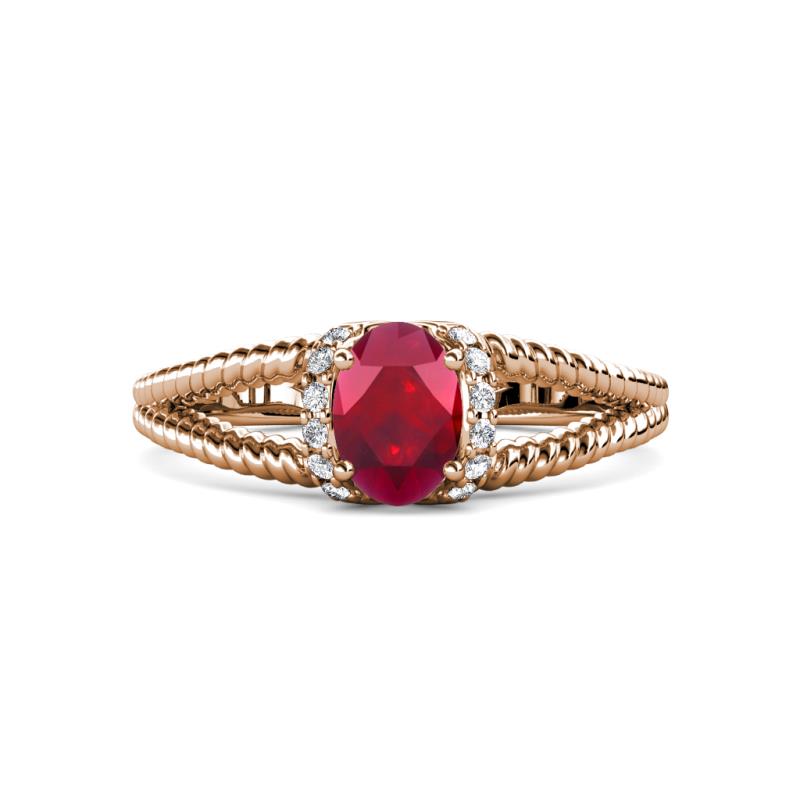 Ana Desire Oval Cut Ruby and Round Diamond Twist Rope Split Shank Engagement Ring 