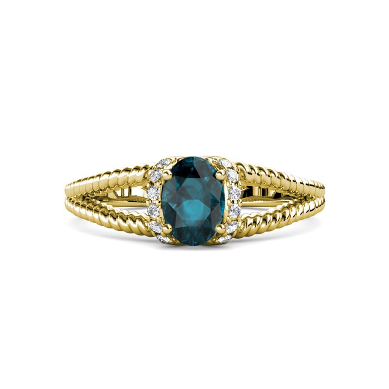Ana Desire Oval Cut London Blue Topaz and Round Diamond Twist Rope Split Shank Engagement Ring 